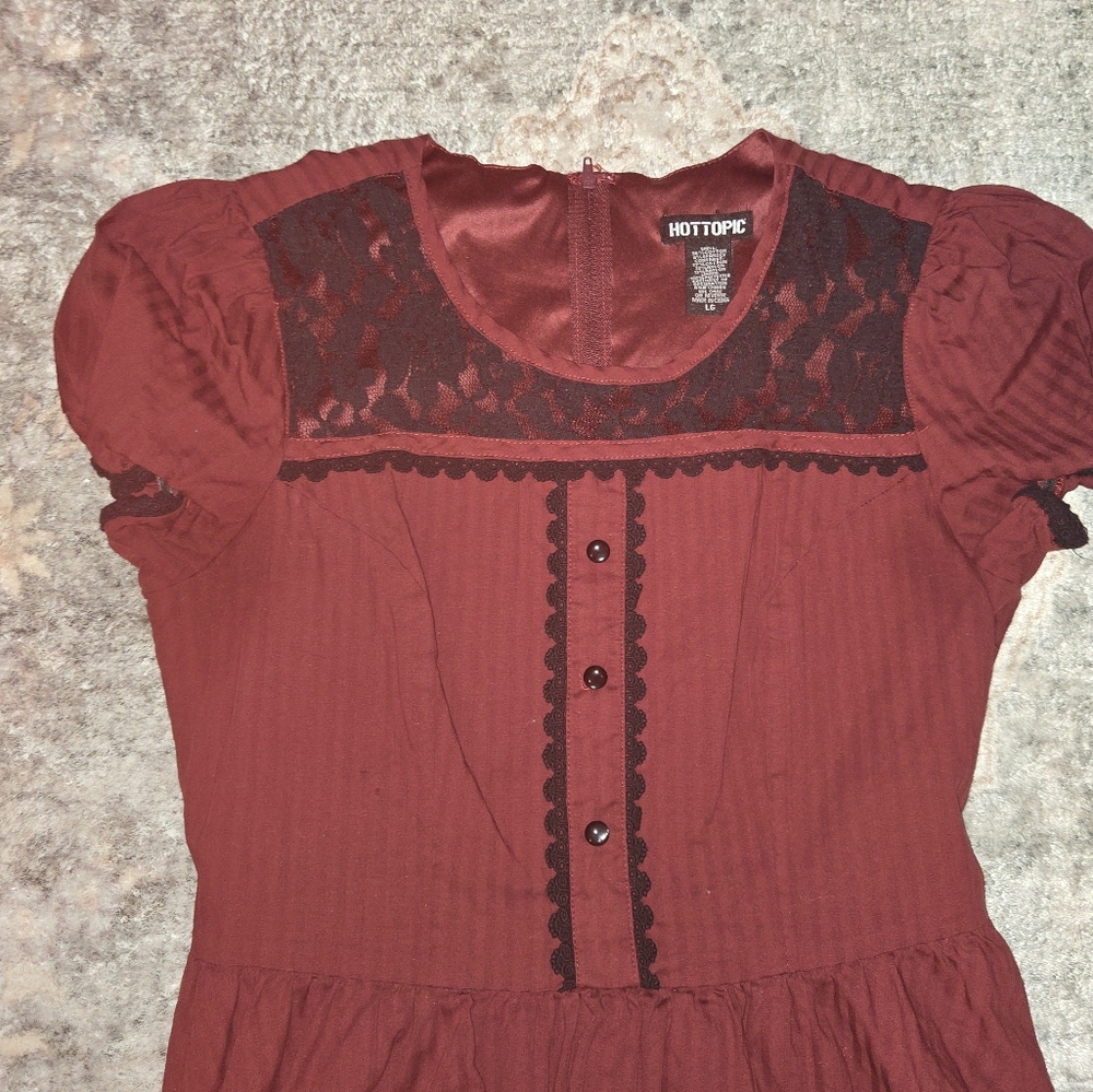 Hot Topic Burgundy & Black Lace Panel Dress size Large Gothic Style Tie Back - Picture 2 of 4